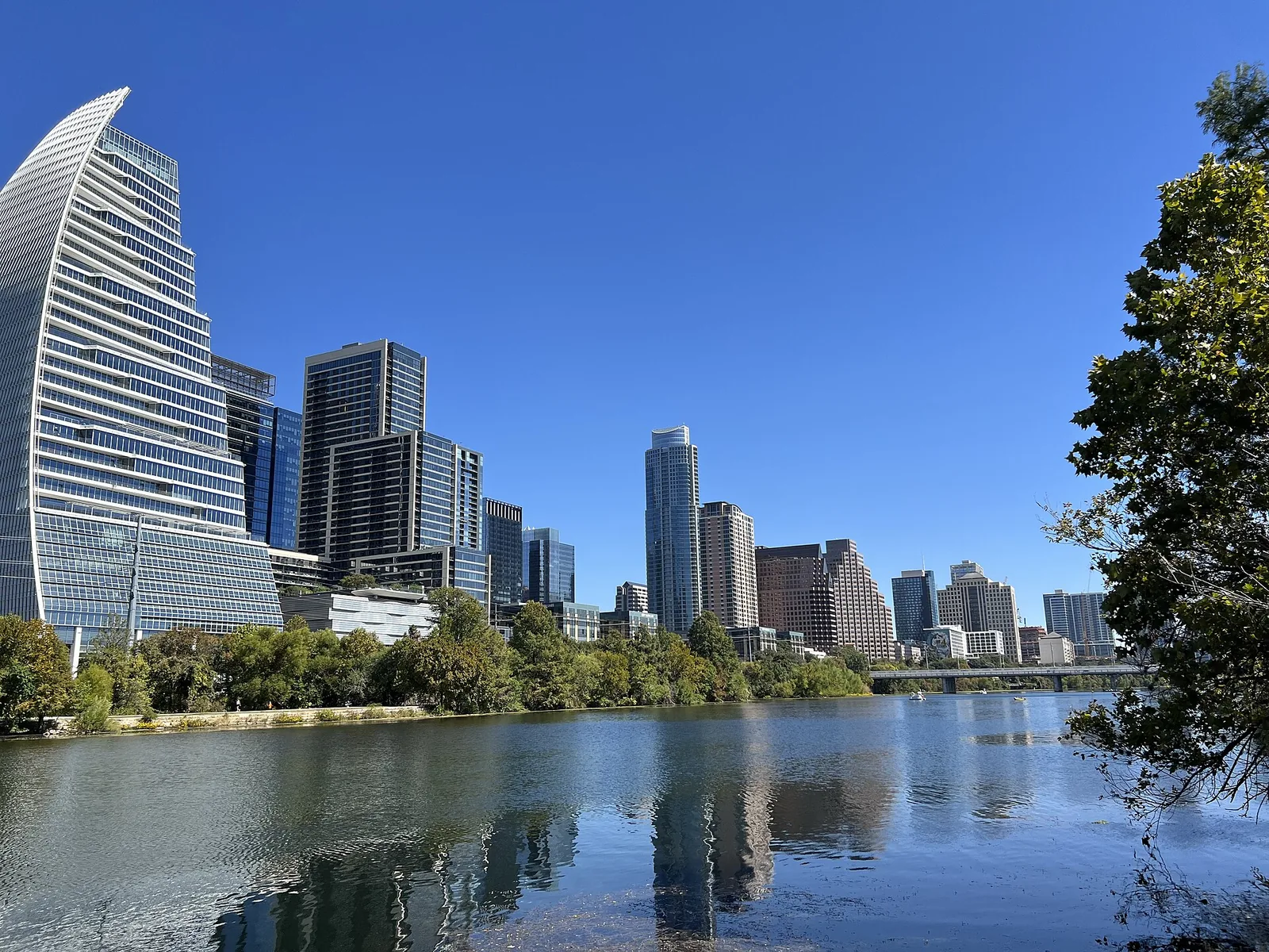 Present-day downtown Austin skyline reflected in Lady Bird Lake